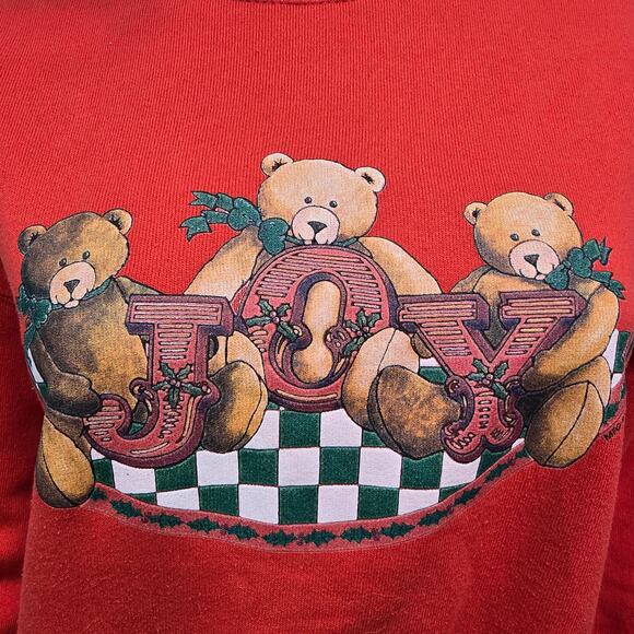 Vintage 90s Miller Sweatshirt XL Joy Teddy Bear Christmas USA Made Mockneck Red - Picture 3 of 11